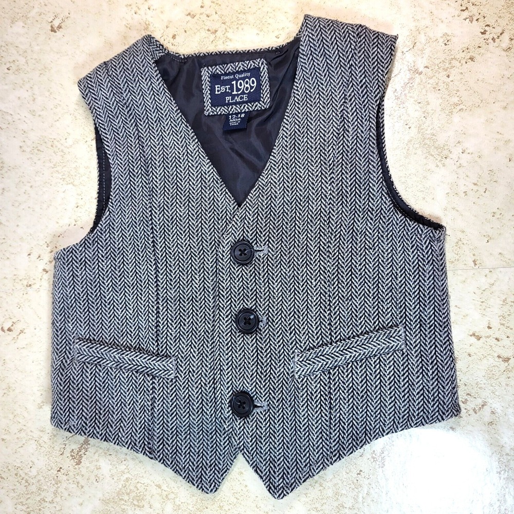 EST. 1989 Place Wool Blend Herringbone 3 Button‎ Faux Pocket Lined Vest 12-18M